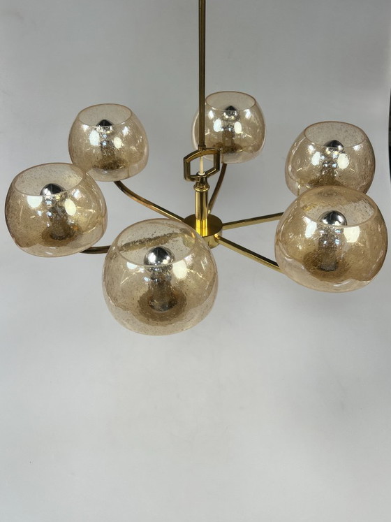 Image 1 of Vintage Brass Chandelier/Pendant Lamp, 6 Arms, Amber Bubble Glass