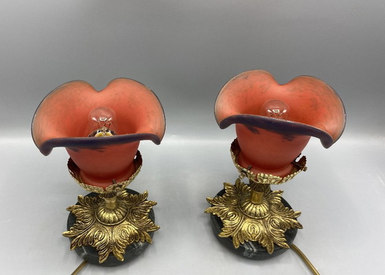 Image 1 of Set di 2 lampade da tavolo antiche in stile Art Nouveau - Vetro rosso