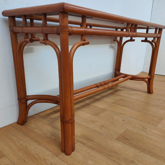 Image 1 of Vintage Rattan Side Table with Glass Top