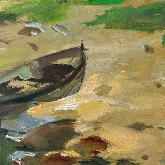 Image 1 of Original Oil Painting Summer Beach Landscape Boat near the shore