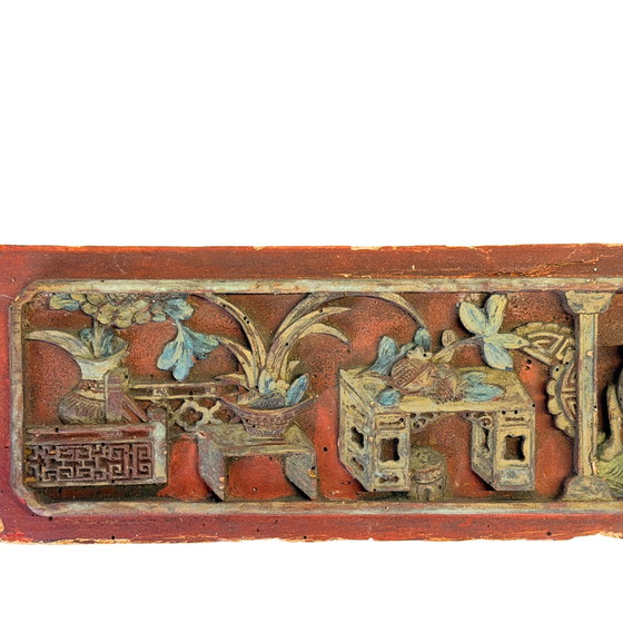 Panneau de relief chinois ancien doré avec érudits et symbolisme de bon augure – Fin Qing, 19e siècle (photo 2 of 4)