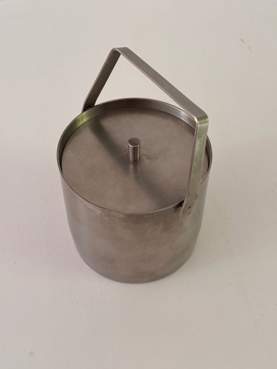 Image 1 of Seau à Glace Fufal Danemark Années 70 Inox Brossé Couvercle Massif Design Scandinave Vintage