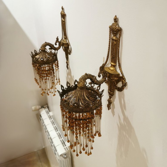 Image 1 of PAIR OF ART NOUVEAU BRASS LAMPS / WALL SCONCES WITH BEADS