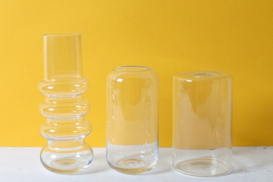 Image 1 of Set of 3 Small Clear Glass Designer Vases / Sweden / 2000s