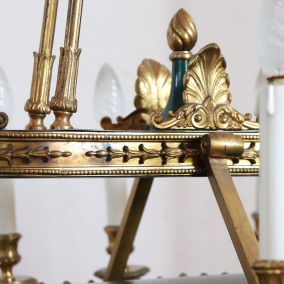 Lampadario in bronzo dorato e metallo laccato verde, 20 lampadine, Italia, inizio XX secolo. – Bronze (photo 13 of 18)