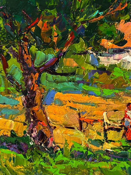 Image 1 of Peinture à l'huile originale représentant un paysage de campagne, un jardin et une maison en vacances d'été à la campagne