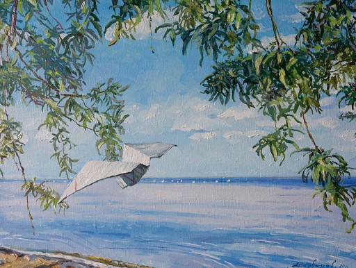 Original Oil Painting Contemporary Art Landscape Weekend By The Sea – schilderijen tekeningen, Canvas