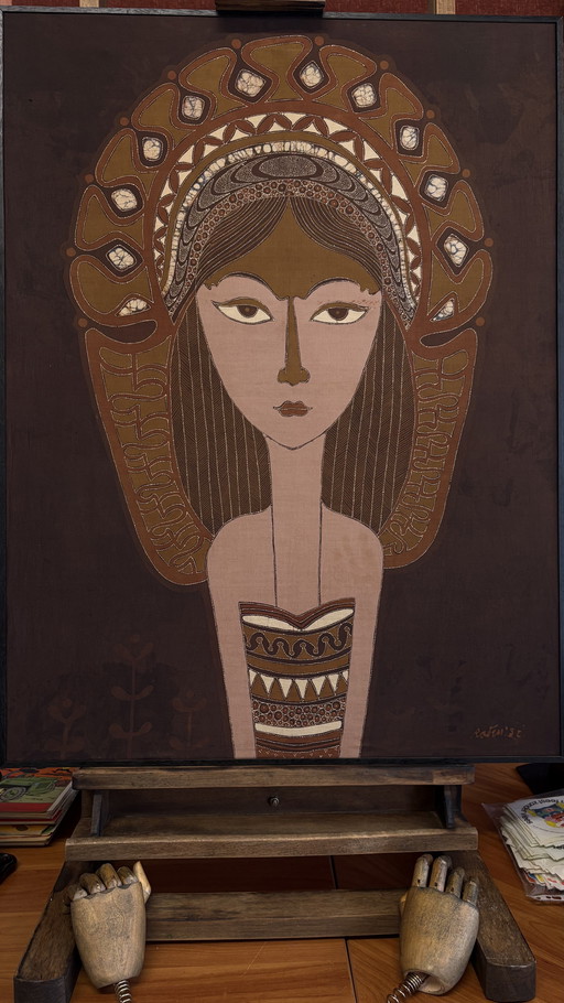 Portrait vintage en batik sur lin - 1982