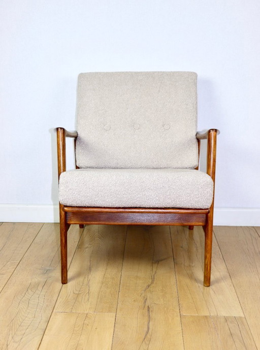 Fauteuil PRL « Stefan » en hêtre bouclé beige vintage - bois foncé