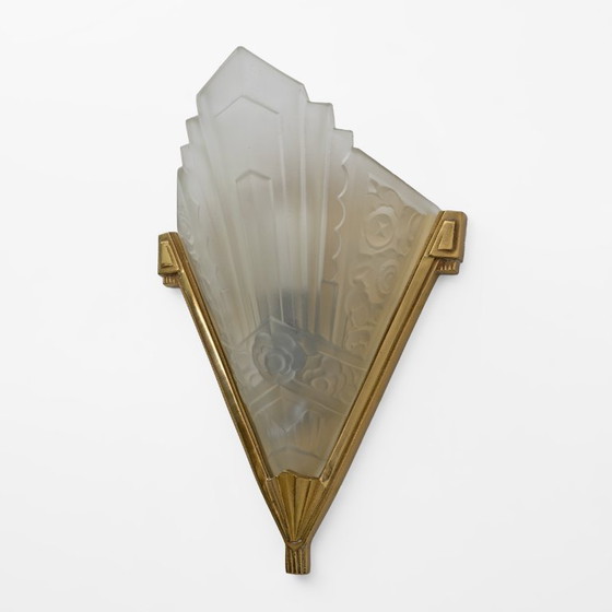 Image 1 of Pair of Art Deco Pressed Glass and Brass Sconces, France, 1930s