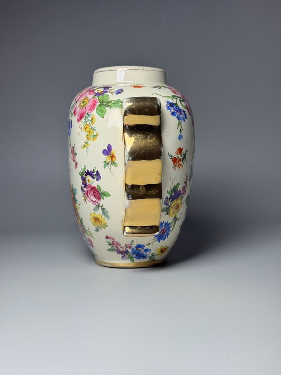 Boch Frères Keramis, Art Deco Vase, “Fleurs des Saxe” Decoration -Belgium, Ceramic, Gold (photo 10 of 15)