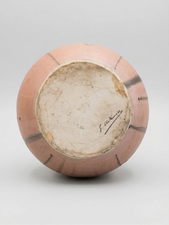 Image 1 of Stoneware vase signed Méténier, double handle, pink and black flamed glaze – 22 cm