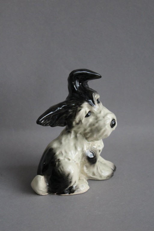 Dog figurine, terrier, black and white spotted, hand-painted ceramic from the 1960s