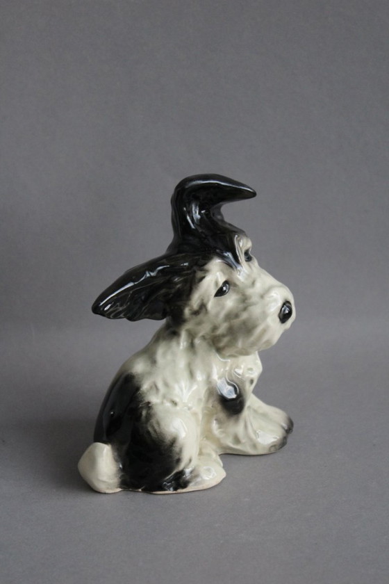 Image 1 of Dog figurine, terrier, black and white spotted, hand-painted ceramic from the 1960s