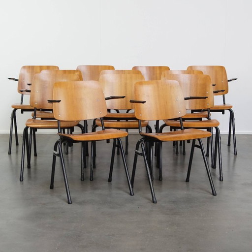12x chaise d'école/de cantine/de salle à manger Marko, design hollandais, des années 1960, avec accoudoirs