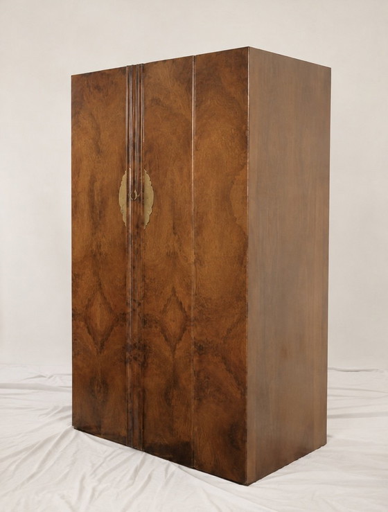 Armadio Art Déco degli anni '30, impiallacciato in radica di noce, 2 ante, ripiani, spazio per appendere (photo 5 of 5)