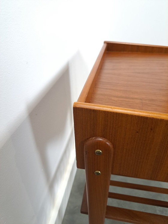 Image 1 of Teak veneer bedside table set with drawer from Sweden