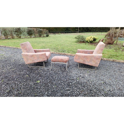 Paire de fauteuils vintage avec ottoman en tissu rose, France 1950