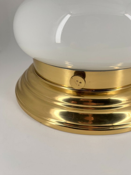 Image 1 of Plafondlamp in mid-century modern stijl – Art Deco – Opaalglas & Messing