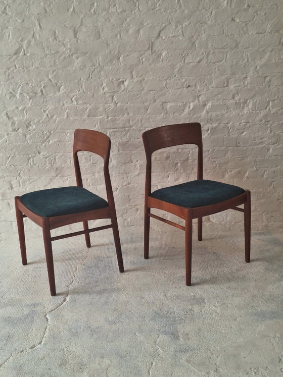 Paire de Chaises de salle à manger en Teck Henning Kjaernulf, Danemark années 1960, Korup Mobler, Textile (photo 5 sur 14)