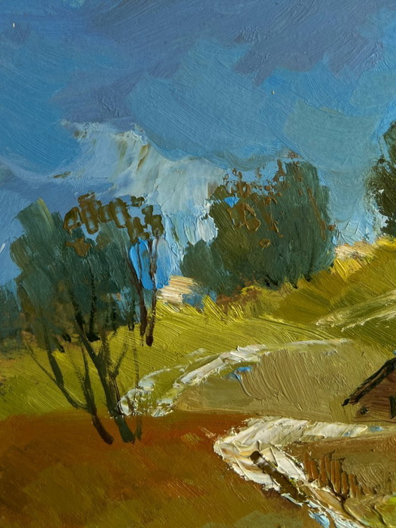 Image 1 of Origineel olieverfschilderij: Dorpsbrug, Landschapspad langs het dorp