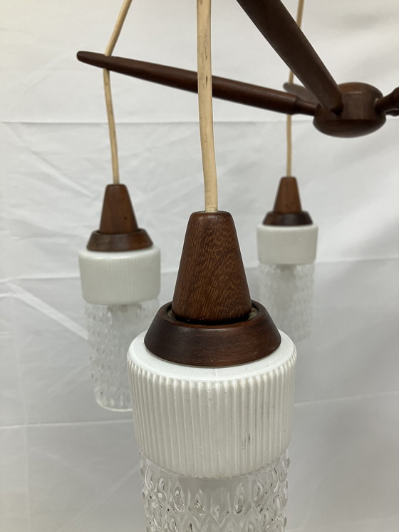 Image 1 of Vintage Scandinavian teak pendant lamp with 5 glass shades