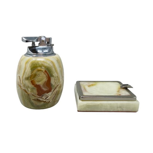 Juego de encendedor de mesa y cenicero italiano de ónix y cromo, estilo moderno de mediados de siglo, 1960.