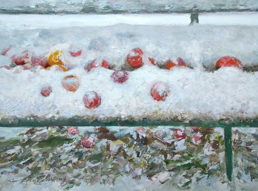 Origineel olieverfschilderij met wintermotief: appels als symboliek in de tuin van de ouders. – schilderijen tekeningen