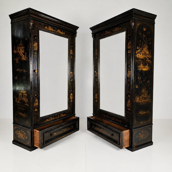 Image 1 of A pair of 19th-century Chinoiserie-style linen cupboards/wardrobes.