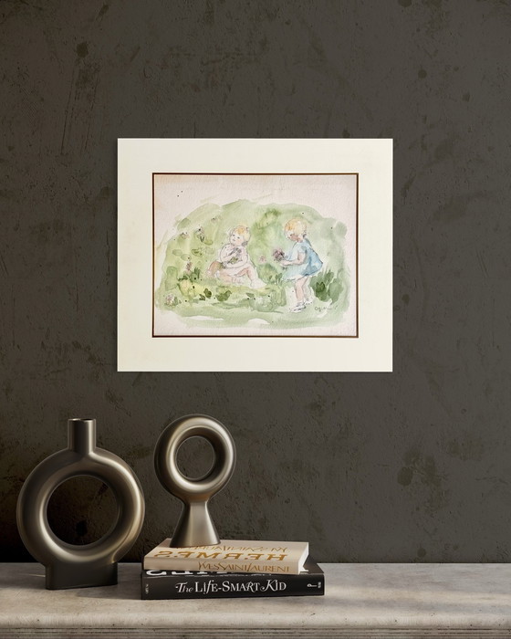 Image 1 of Marie Louise Ogier - Magnifico acquerello "due bambini che raccolgono fiori" circa 1980