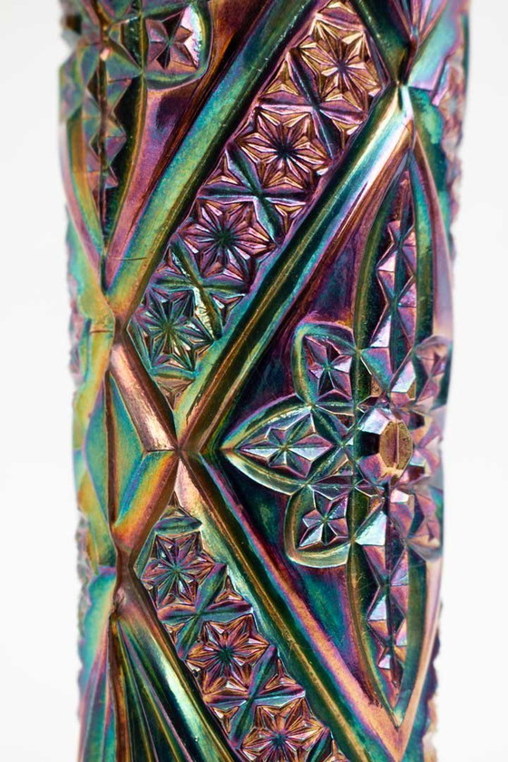 Image 1 of Cylindrical Antique (Circa 1910) Carnival Glass Faceted Vase
