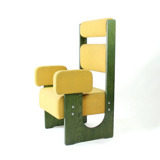 Fauteuil trône vintage en contreplaqué et tissu jaune, Tchécoslovaquie 1980