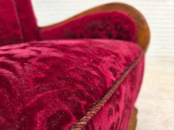 Image 1 of Anni '50, poltrona relax danese, velluto rosso per mobili, legno di quercia.