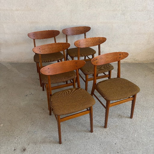 Lot de six Chaises de salle à manger, bois et tissu marron
