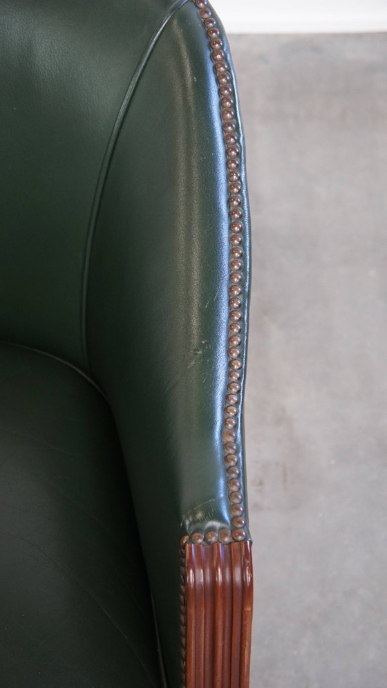 Image 1 of Beistell-/Ess-/Bürostuhl aus grünem Rindsleder und Holz im englischen Stil