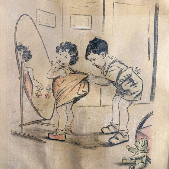 Antique French drawing, Men are good for something after all!, Paintings & Drawings, Paper, Wood, Brown (photo 7 of 9)