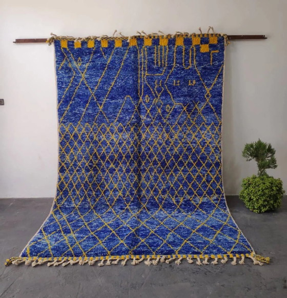 Großer königsblauer und gelber Beni Ouarain Teppich, geometrische Muster 3x2M – Teppiche & Läufer, Wolle (photo 2 of 3)