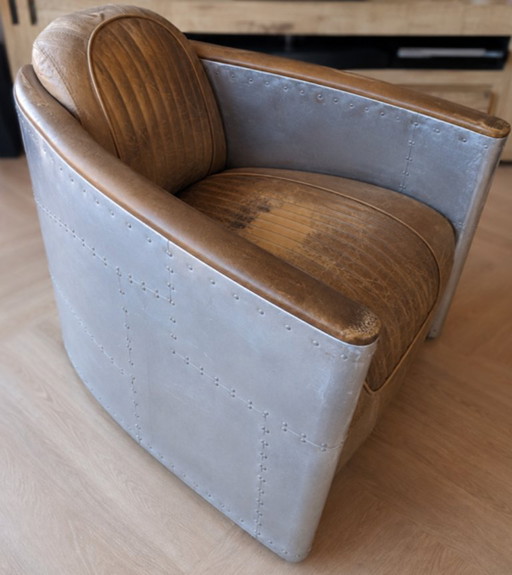 2 poltrone da aviatore in stile industriale – Alluminio e pelle vintage – fauteuils, Leather, Metal