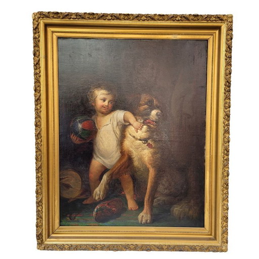 Portrait d'enfant "Garçon au chien", Ecole française, 19e s. - France