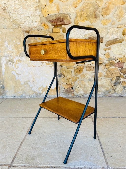 Mid-century, vintage oak nightstand on black metal legs circa 1950s