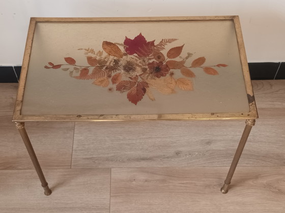 Image 1 of Bronze side table with pressed flowers