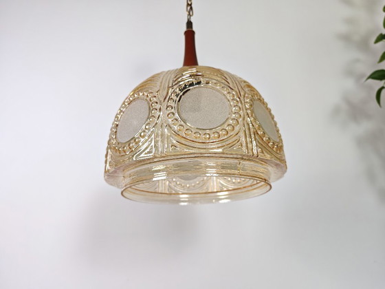 Image 1 of Vintage Amber Glass Pendant Light / 70s Mid Century Hanging Lamp / Retro Ceiling Light / Art Deco Style Glass Shade / Warm Ambie