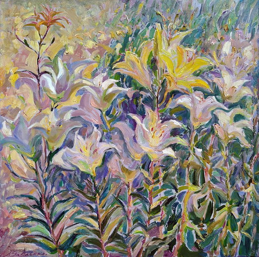 Original Ölgemälde Natur Blumen Lilien im Garten