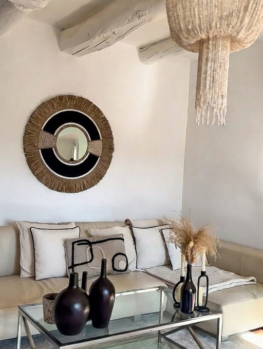 Large mirror made of pearls, shells and raffia