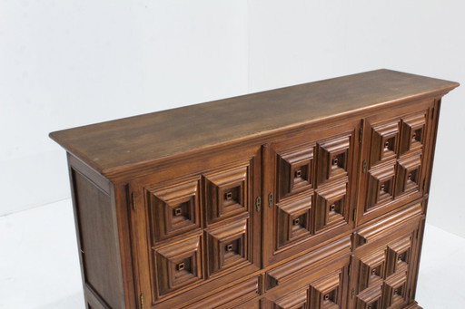 Vintage Spanish Brutalist high cabinet in carved solid wood
