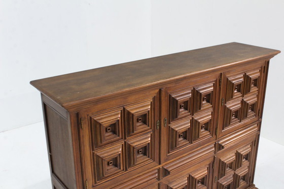 Image 1 of Vintage Spanish Brutalist high cabinet in carved solid wood