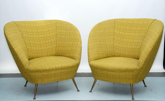 Image 1 of Pair Of Ico Parisi-Style Armchairs In Original Fabric, Italy, 1950S