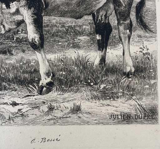 Original 19th-Century Engraving by Julien Dupré – Hand-Signed by A. Bessé – schilderijen tekeningen, Paper (photo 2 of 5)