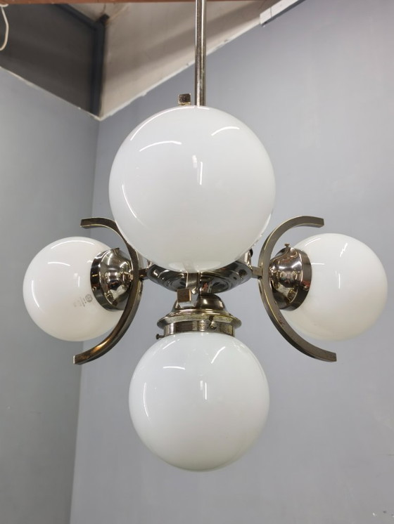 Image 1 of Lampadario Art Déco in nichel e vetro, anni '30