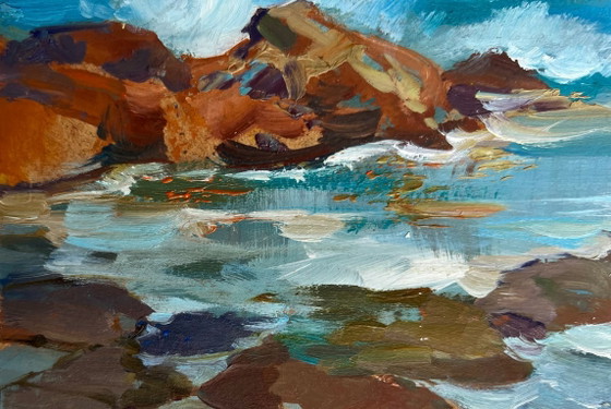 Image 1 of Peinture à l'huile originale représentant un paysage côtier marin. Les vagues se brisent sur les rochers.